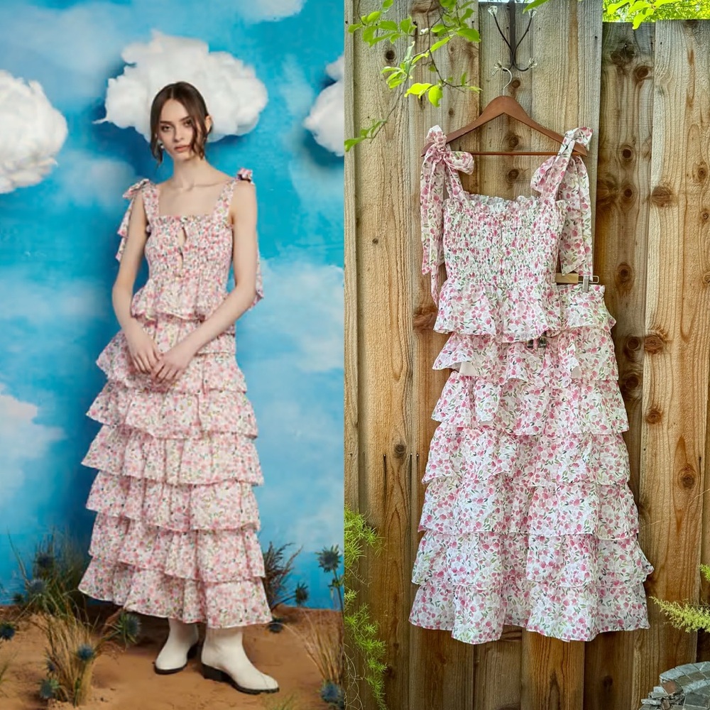 SISTER JANE Wild Hearts Ivory Pink Two-Piece Ruffle Tiered Midi Set 🌿